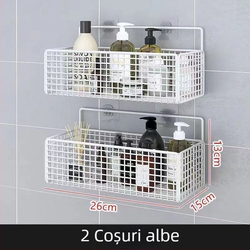 Raft de depozitare suspendat pe perete pentru bucătărie și baie, 1 nivel, fier forjat, fără găurire, fără montaj, prindere cu cârlig, design modern tip plasă