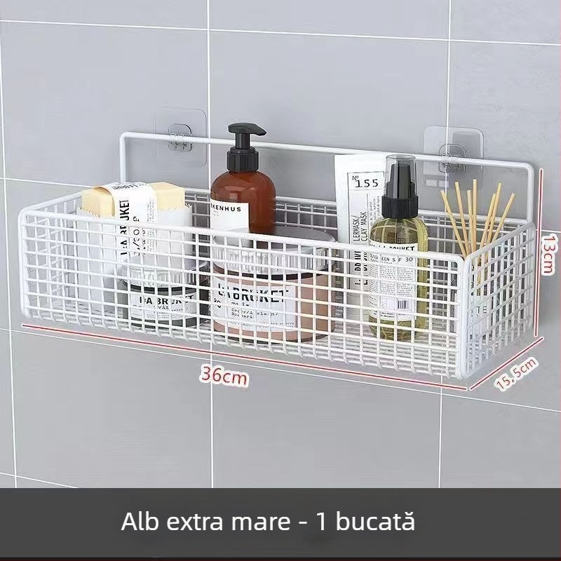 Raft de depozitare suspendat pe perete pentru bucătărie și baie, 1 nivel, fier forjat, fără găurire, fără montaj, prindere cu cârlig, design modern tip plasă