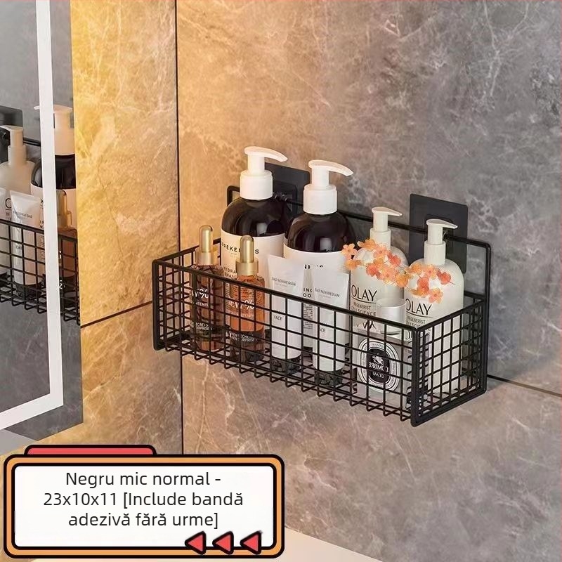 Raft de depozitare suspendat pe perete pentru bucătărie și baie, 1 nivel, fier forjat, fără găurire, fără montaj, prindere cu cârlig, design modern tip plasă