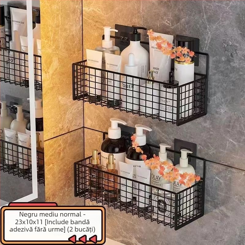 Raft de depozitare suspendat pe perete pentru bucătărie și baie, 1 nivel, fier forjat, fără găurire, fără montaj, prindere cu cârlig, design modern tip plasă