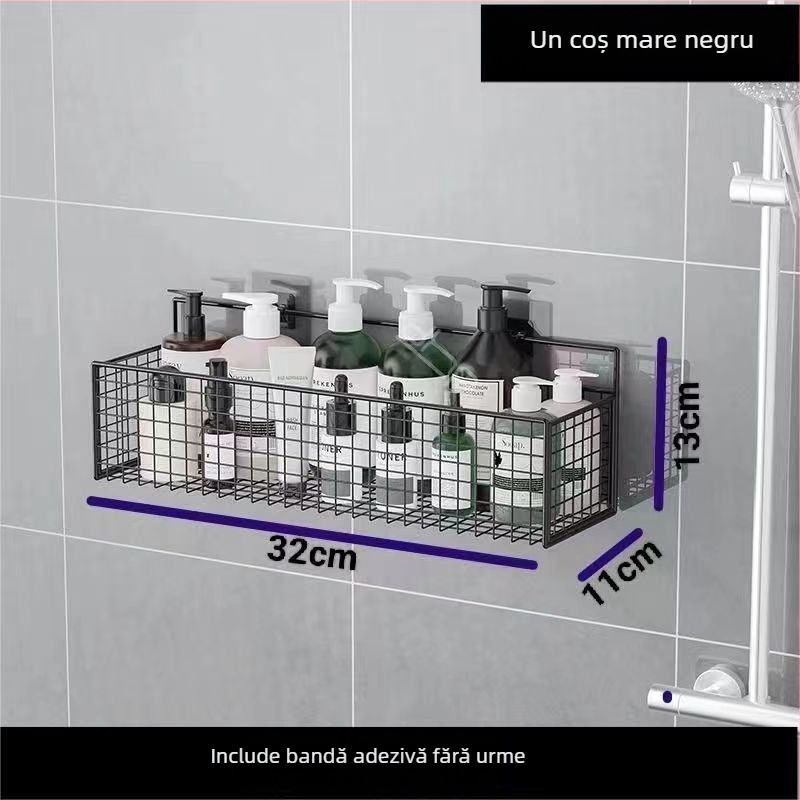 Raft de depozitare suspendat pe perete pentru bucătărie și baie, 1 nivel, fier forjat, fără găurire, fără montaj, prindere cu cârlig, design modern tip plasă