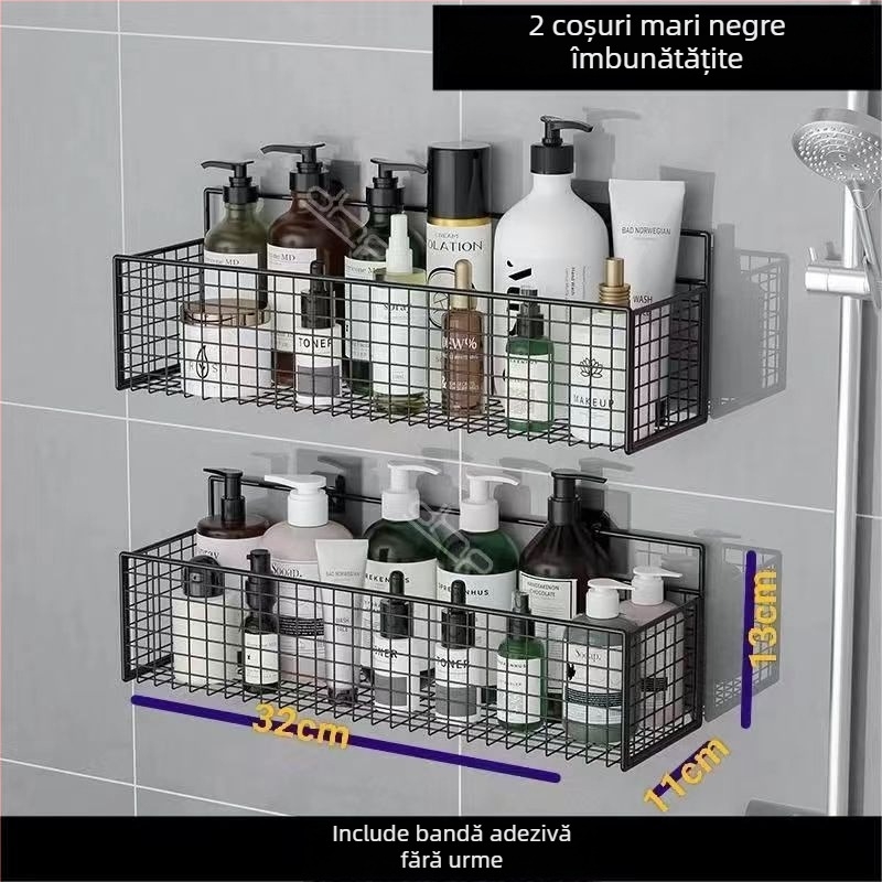 Raft de depozitare suspendat pe perete pentru bucătărie și baie, 1 nivel, fier forjat, fără găurire, fără montaj, prindere cu cârlig, design modern tip plasă