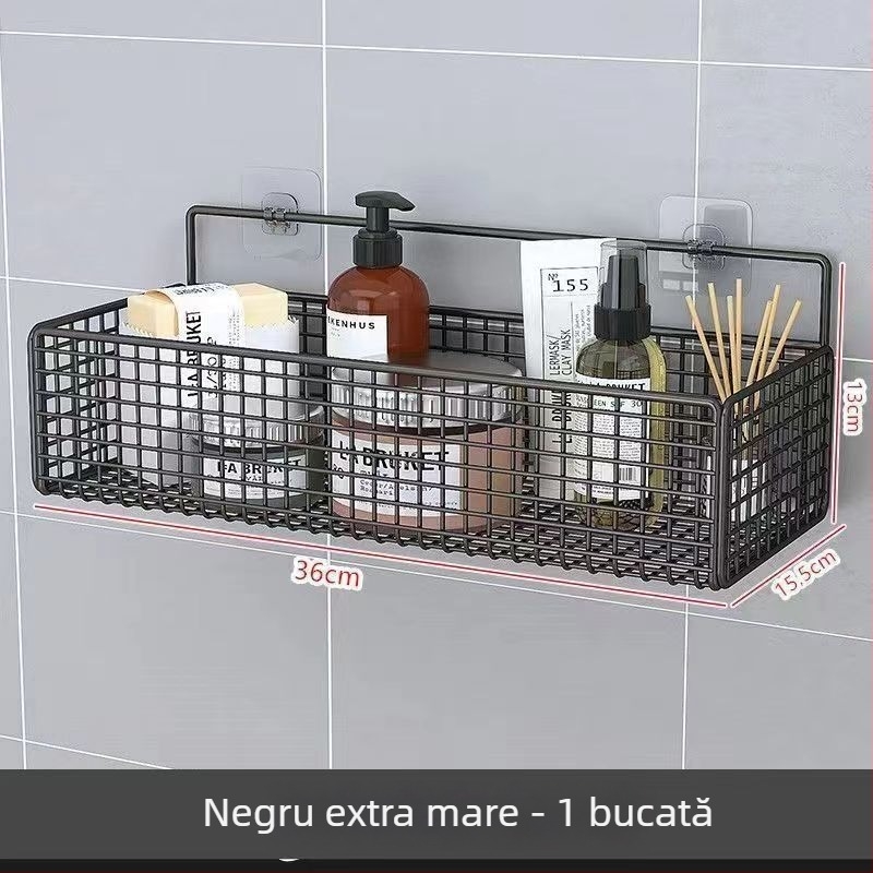 Raft de depozitare suspendat pe perete pentru bucătărie și baie, 1 nivel, fier forjat, fără găurire, fără montaj, prindere cu cârlig, design modern tip plasă