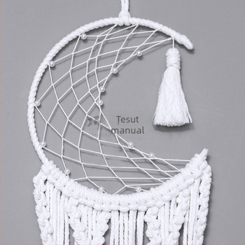 Tapiserie rotundă în stil nordic, cu ciucuri, țesut manual din bumbac, motiv Soare-Lună-Stele, decor pentru perete