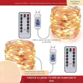 Șir LED cu sârmă de cupru și telecomandă USB - 100 LEDuri, intrare 5V, alimentare USB, protecție IP65, 4000 lm