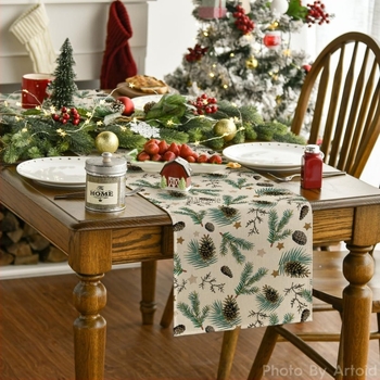 Runner de masă de Crăciun cu conuri de pin, frunze și stea – decor rustic pentru casă, masă de dining și masă de cafea