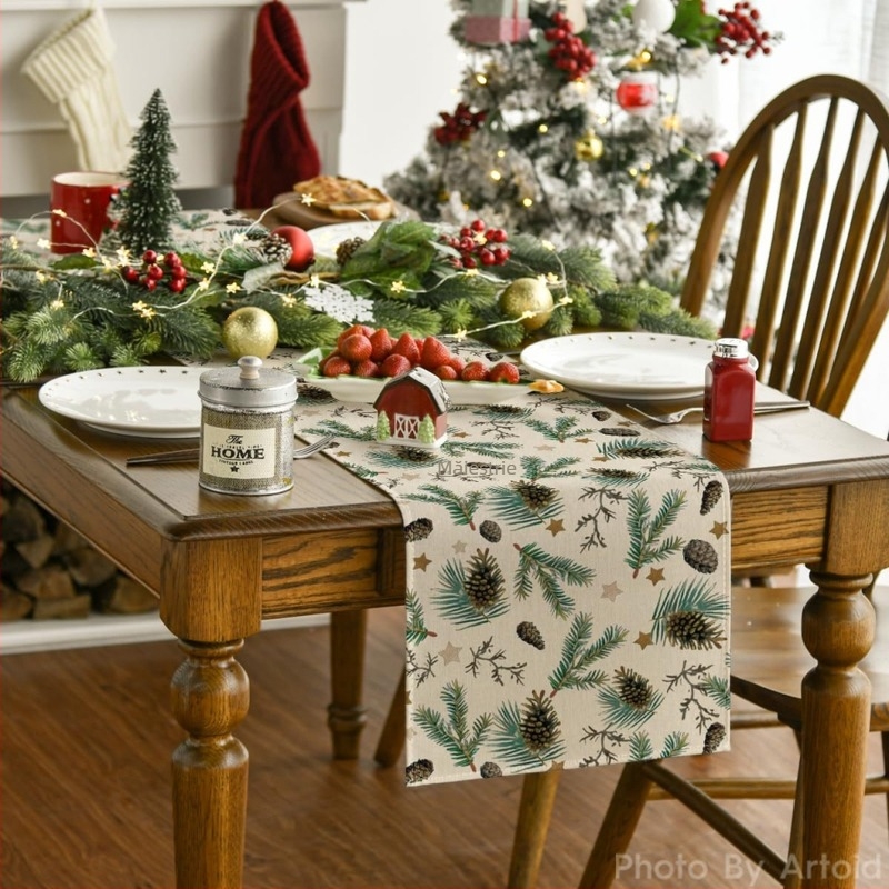 Runner de masă de Crăciun cu conuri de pin, frunze și stea – decor rustic pentru casă, masă de dining și masă de cafea