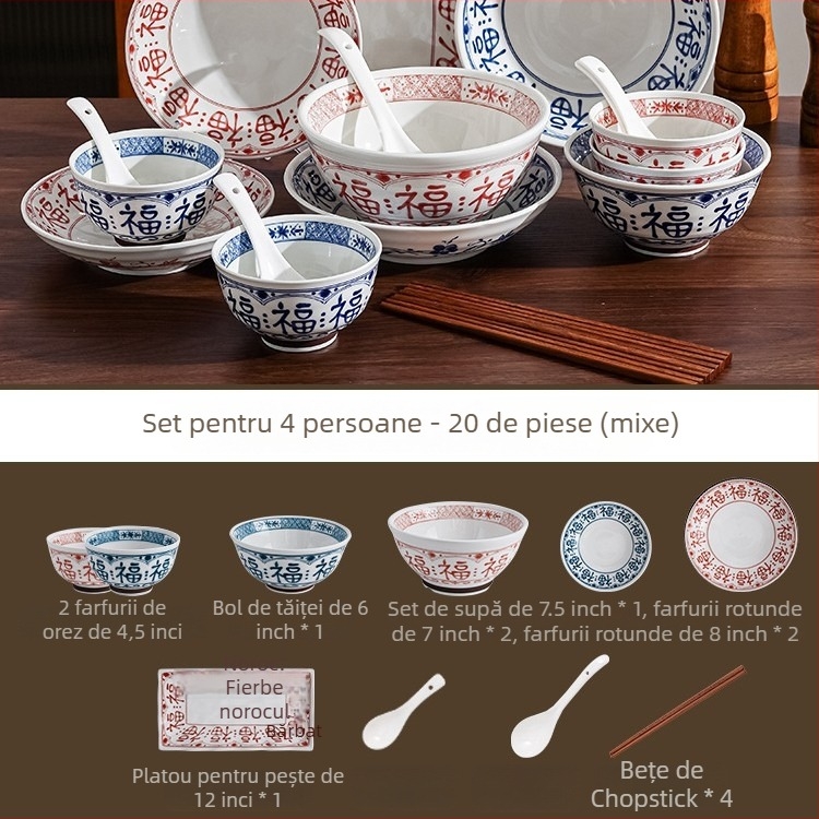 Set ceramic boluri și farfurii, sub glazură, formă rotundă, compatibil cu cuptorul cu microunde