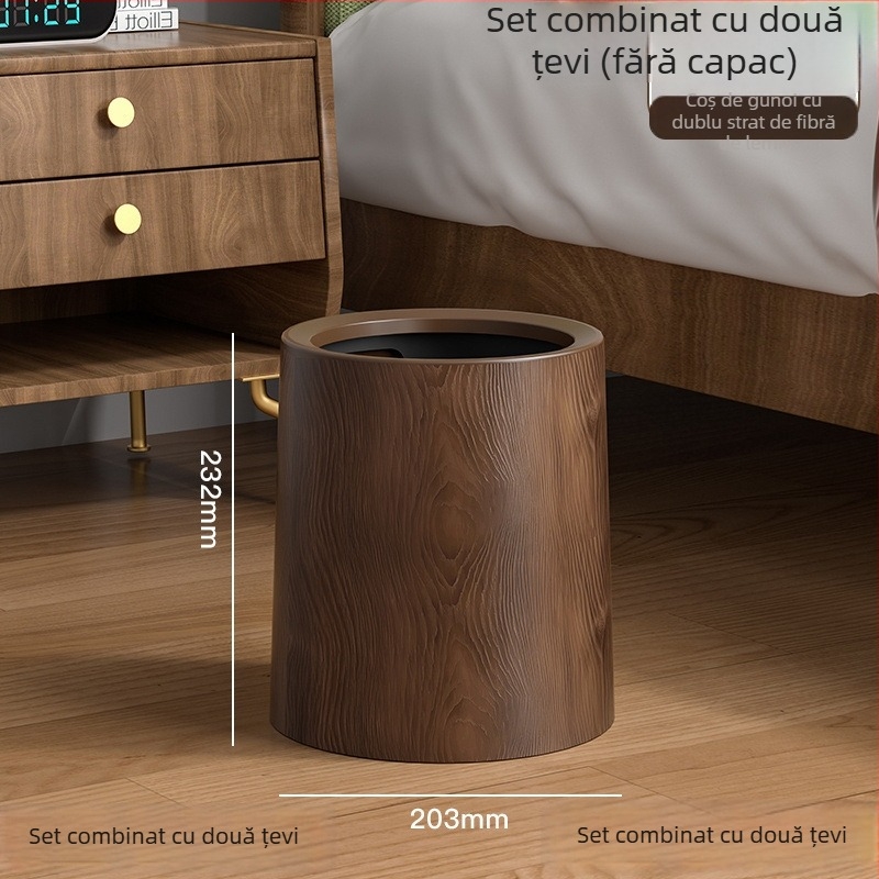 Coș de gunoi în stil medieval, cu textură imitație de lemn, rotund, cu capac pedalat, capacitate de 12 L sau mai mult, potrivit pentru uz casnic, birou și comercial