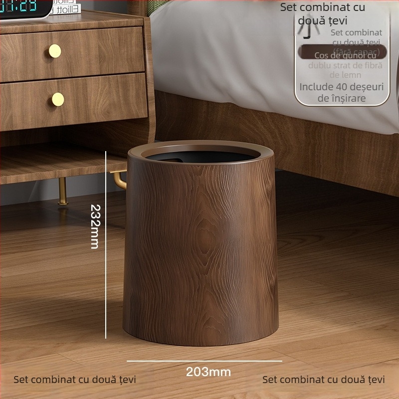 Coș de gunoi în stil medieval, cu textură imitație de lemn, rotund, cu capac pedalat, capacitate de 12 L sau mai mult, potrivit pentru uz casnic, birou și comercial