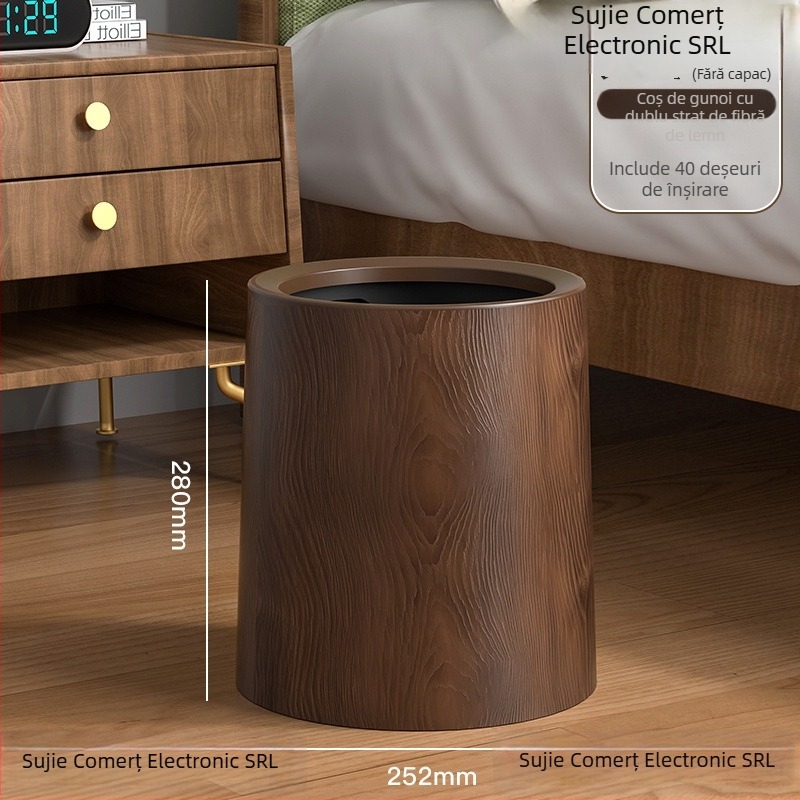 Coș de gunoi în stil medieval, cu textură imitație de lemn, rotund, cu capac pedalat, capacitate de 12 L sau mai mult, potrivit pentru uz casnic, birou și comercial