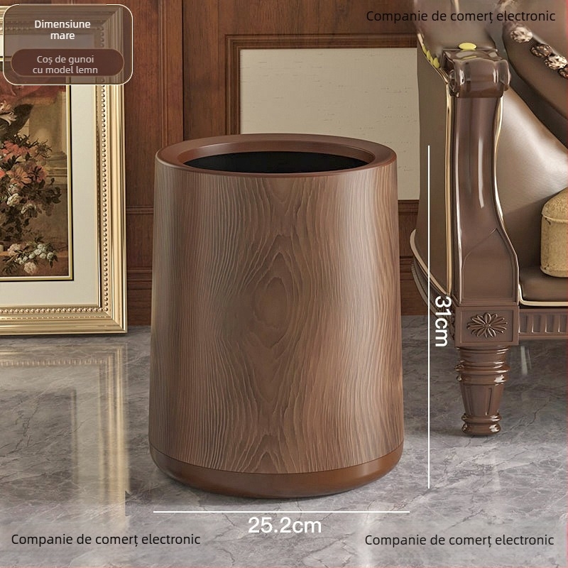 Coș de gunoi în stil medieval, cu textură imitație de lemn, rotund, cu capac pedalat, capacitate de 12 L sau mai mult, potrivit pentru uz casnic, birou și comercial