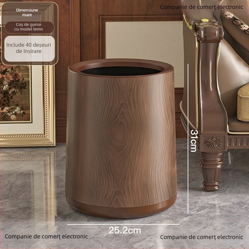 Coș de gunoi în stil medieval, cu textură imitație de lemn, rotund, cu capac pedalat, capacitate de 12 L sau mai mult, potrivit pentru uz casnic, birou și comercial