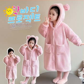 Halat de baie cu glugă pentru copii, iarnă – model desen animat, țesătură groasă, poliester cu amestec de lână, stil lejer, menține căldura
