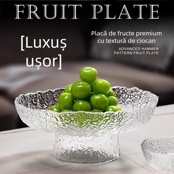 Tăviță de fructe din sticlă cu picioare înalte și margine puțin adâncă, pentru living, decor modern minimalist pentru măsuța de cafea