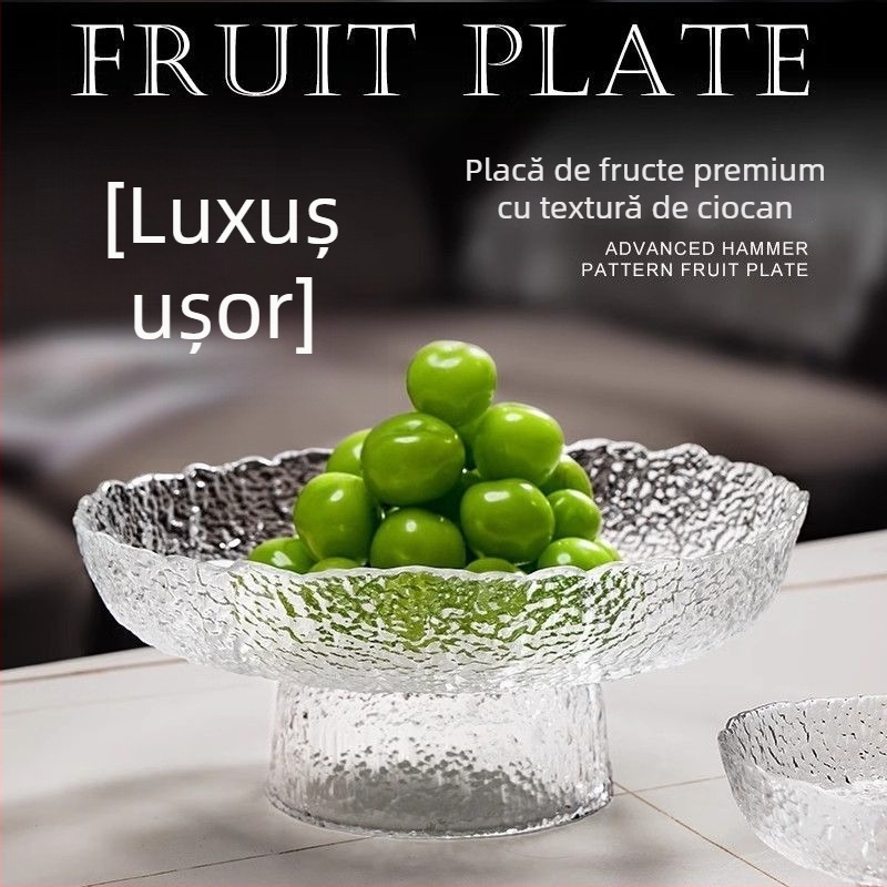 Tăviță de fructe din sticlă cu picioare înalte și margine puțin adâncă, pentru living, decor modern minimalist pentru măsuța de cafea