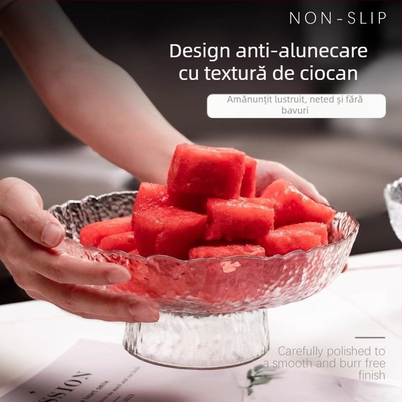 Tăviță de fructe din sticlă cu picioare înalte și margine puțin adâncă, pentru living, decor modern minimalist pentru măsuța de cafea