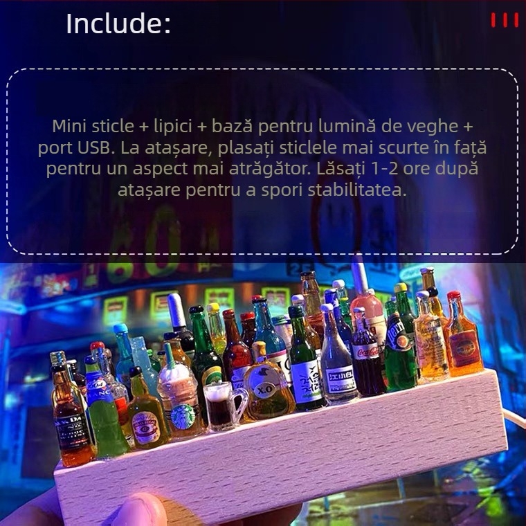 Ornament DIY cu lampă de noapte în formă de sticluță de vin, bază din lemn, pentru mașină, bar sau KTV