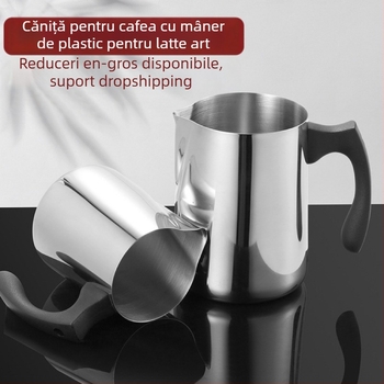 Ceainic latte art din oțel inoxidabil cu mâner din plastic și scară; include cilindru latte art și cupe de topire a cerii; logo gravat cu laser; FR003; personalizare disponibilă