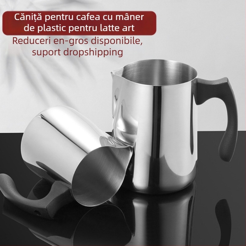 Ceainic latte art din oțel inoxidabil cu mâner din plastic și scară; include cilindru latte art și cupe de topire a cerii; logo gravat cu laser; FR003; personalizare disponibilă