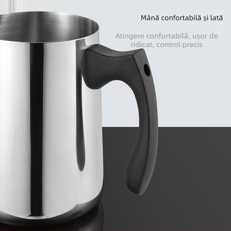 Ceainic latte art din oțel inoxidabil cu mâner din plastic și scară; include cilindru latte art și cupe de topire a cerii; logo gravat cu laser; FR003; personalizare disponibilă