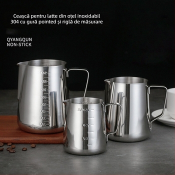 Ceașcă pentru latte art cu gură ascuțită, oțel inoxidabil 304, Jeansiya, 120 g, cu logo imprimat