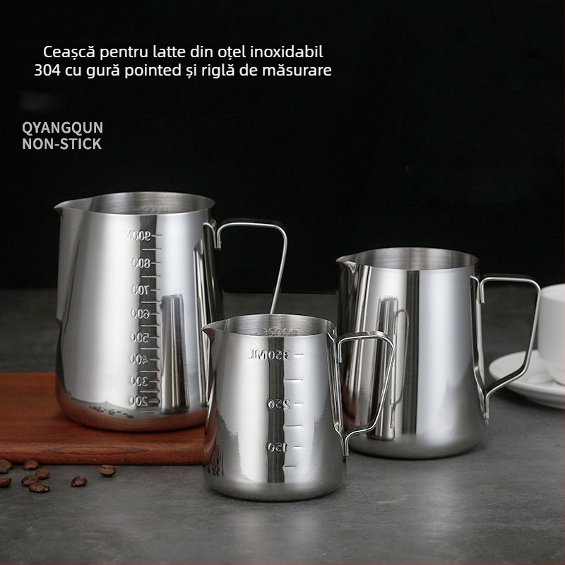 Ceașcă pentru latte art cu gură ascuțită, oțel inoxidabil 304, Jeansiya, 120 g, cu logo imprimat