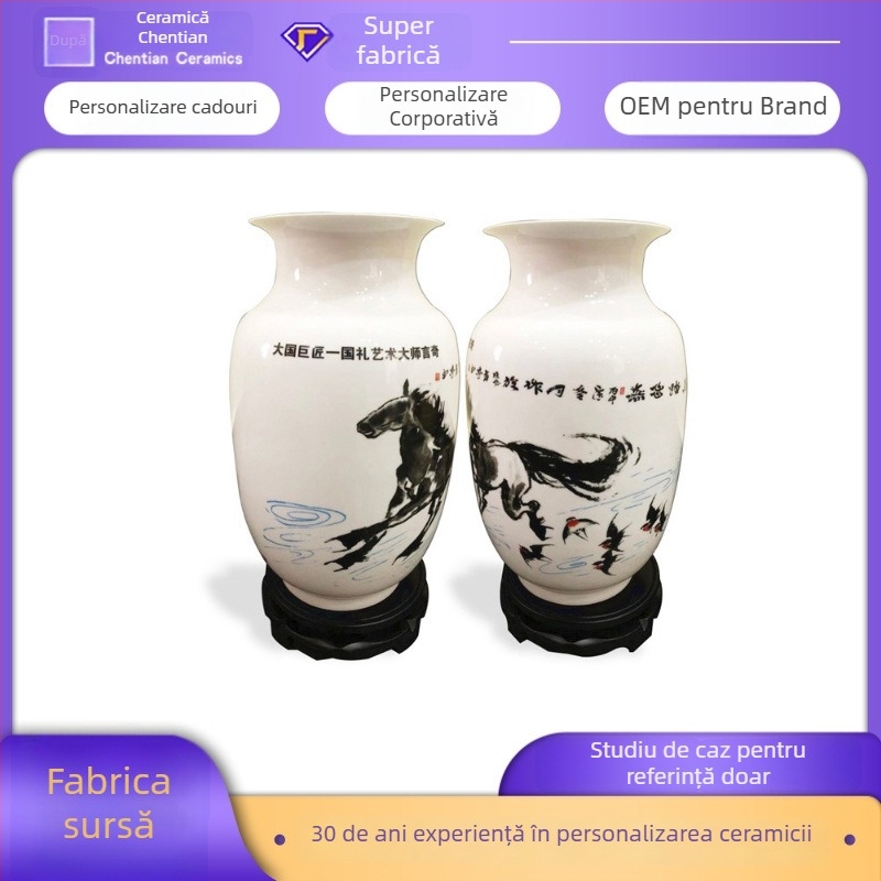 Vază de porțelan - suprafață pictată manual, model floral peisaj, producție semi-manuală și semi-mechanizată, personalizabil