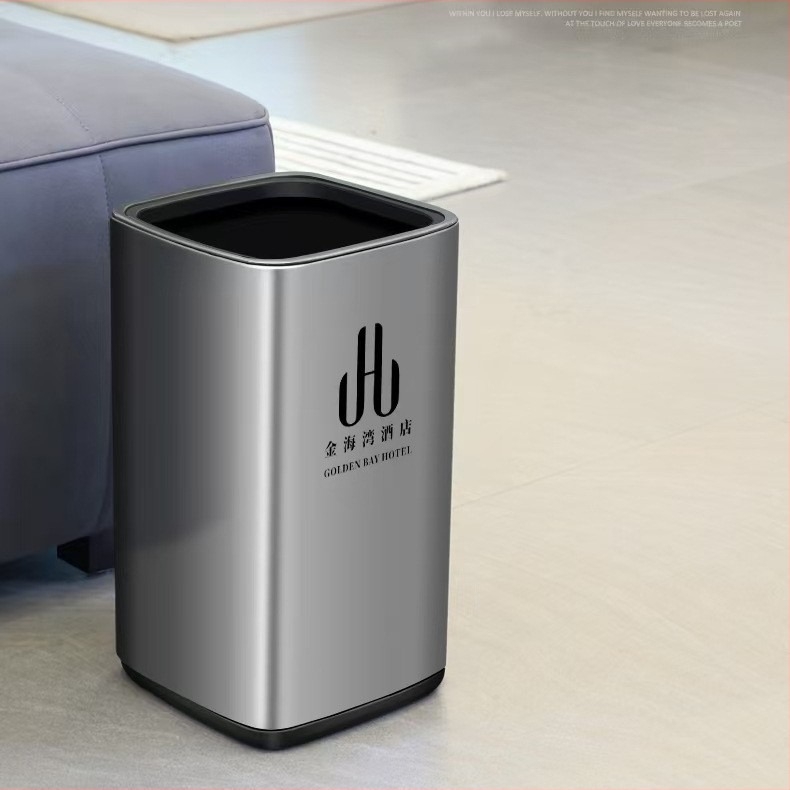 Coș de gunoi din oțel inoxidabil, dublu strat, design pătrat-rotund, 12 L, fără capac, pentru uz comercial (hoteluri, băi, bucătării)