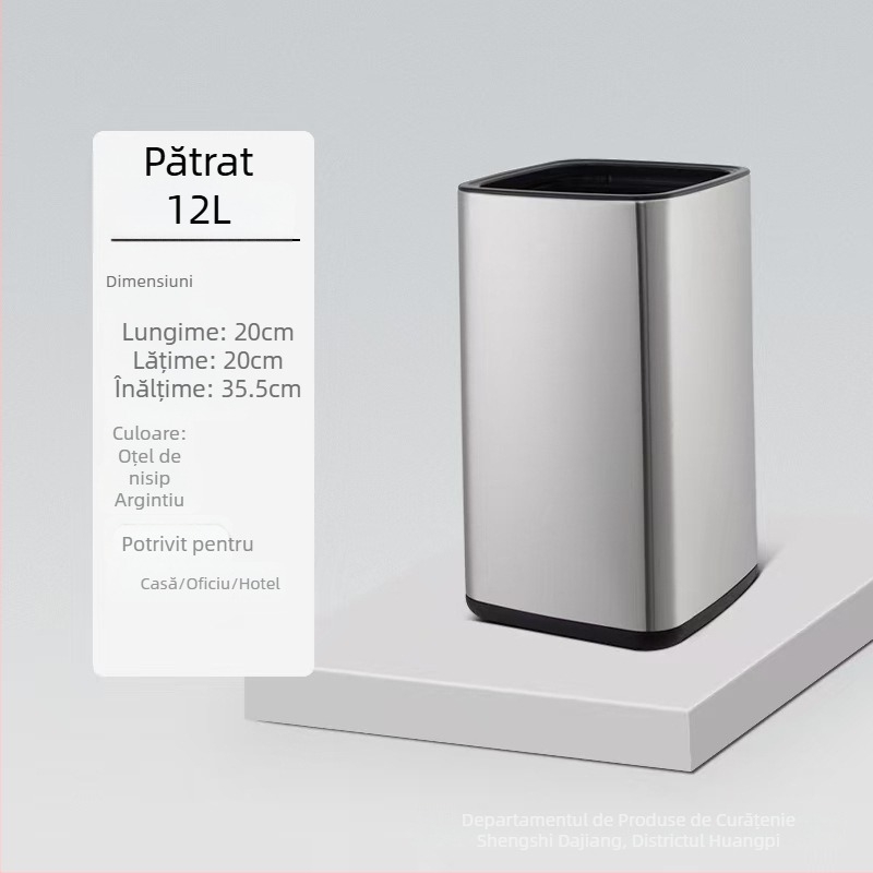 Coș de gunoi din oțel inoxidabil, dublu strat, design pătrat-rotund, 12 L, fără capac, pentru uz comercial (hoteluri, băi, bucătării)