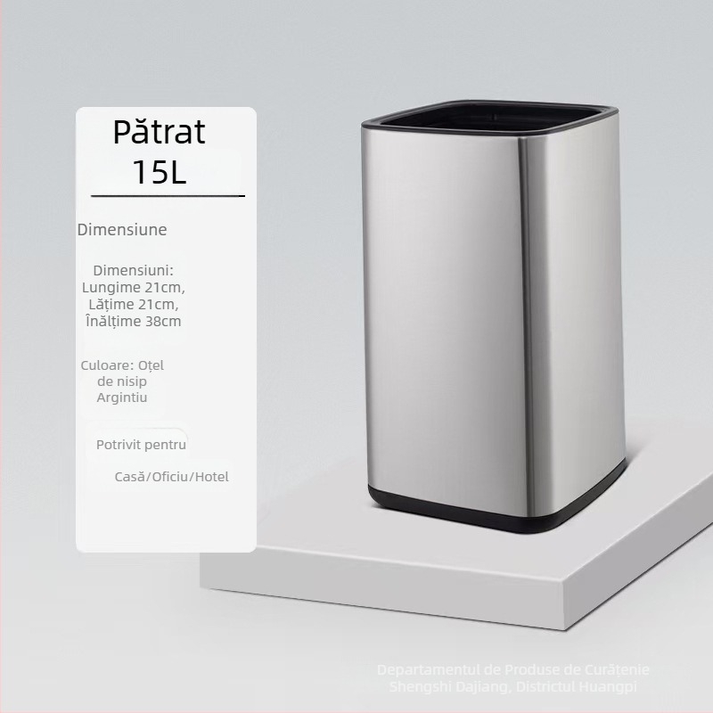 Coș de gunoi din oțel inoxidabil, dublu strat, design pătrat-rotund, 12 L, fără capac, pentru uz comercial (hoteluri, băi, bucătării)