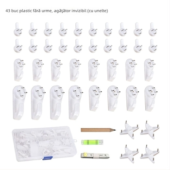 Set de 43 de agățătoare din plastic invizibile pentru rame foto și picturi (40 de agățătoare + 3 unelte)