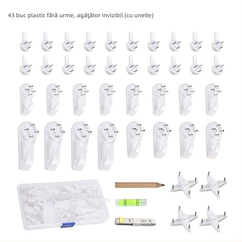 Set de 43 de agățătoare din plastic invizibile pentru rame foto și picturi (40 de agățătoare + 3 unelte)