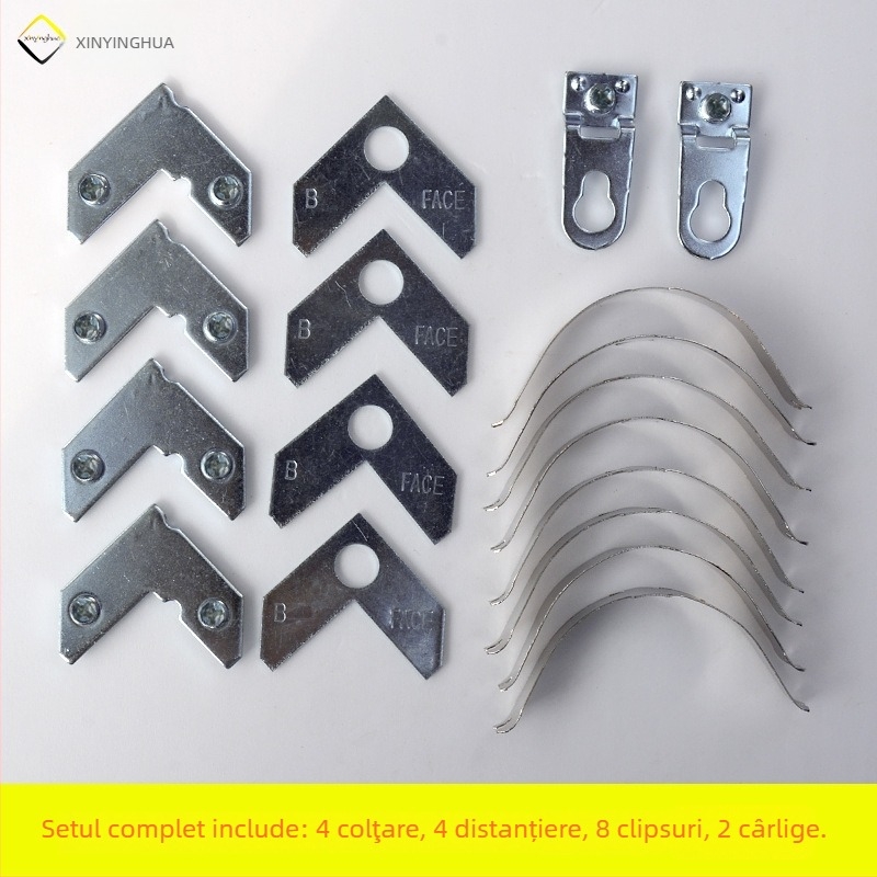 Set hardware pentru rame foto din aliaj de aluminiu, construcție ștanțată, include 4 suporturi de colț, 4 distanțiere, 8 cleme cu arc și 2 cârlige de fixare