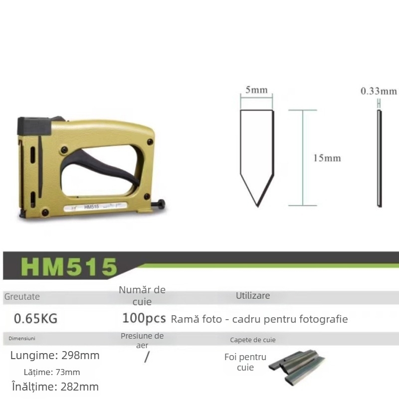 Pistol manual de cui pentru plăcile din spate ale ramei foto — construcție din metal, ștanțare, HM515 model, Mite marcă (Model HM515; Material: Metal; Proces: Ștanțare; Tip: Pistol manual de cuie)