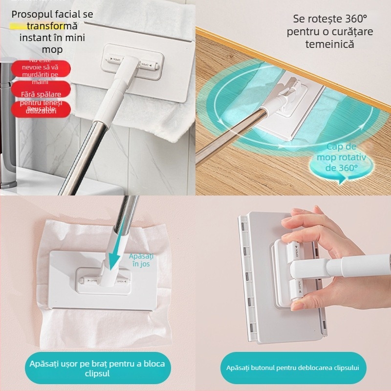 Mop plat pentru podea cu țesătură microfibră, mâner din plastic, capacitate de încărcare 10 kg, uscare 90-100%, acționare monodirecțională