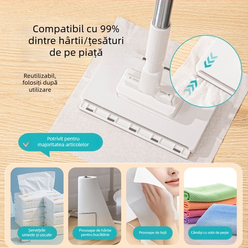 Mop plat pentru podea cu țesătură microfibră, mâner din plastic, capacitate de încărcare 10 kg, uscare 90-100%, acționare monodirecțională