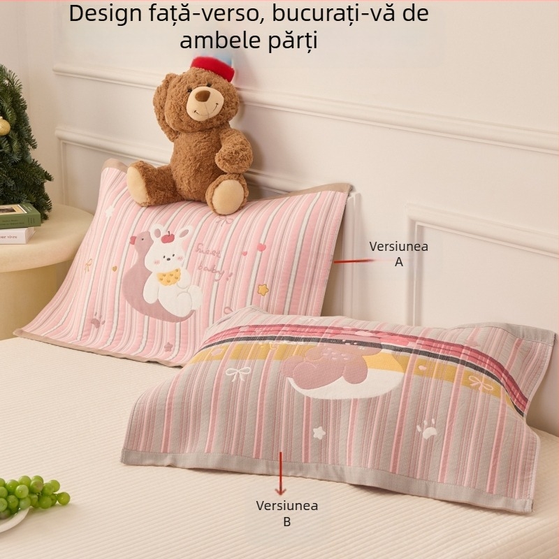 Husă de pernă din bumbac 100% cu opt straturi de tifon, model desen animat, pentru toate anotimpurile, respirabilă, antiderapantă