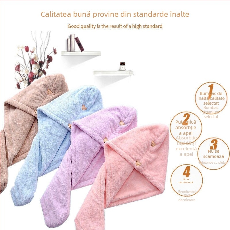Căciulă de uscare a părului din fleece coral cu microfibră, pentru păr lung, absorbant