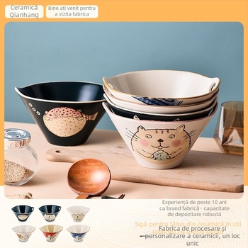 Vas de noodle din porțelan, stil japonez, cu mânere duble, formă neregulată, finisaj sub glazură, compatibil cu microunde