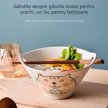 Vas de noodle din porțelan, stil japonez, cu mânere duble, formă neregulată, finisaj sub glazură, compatibil cu microunde