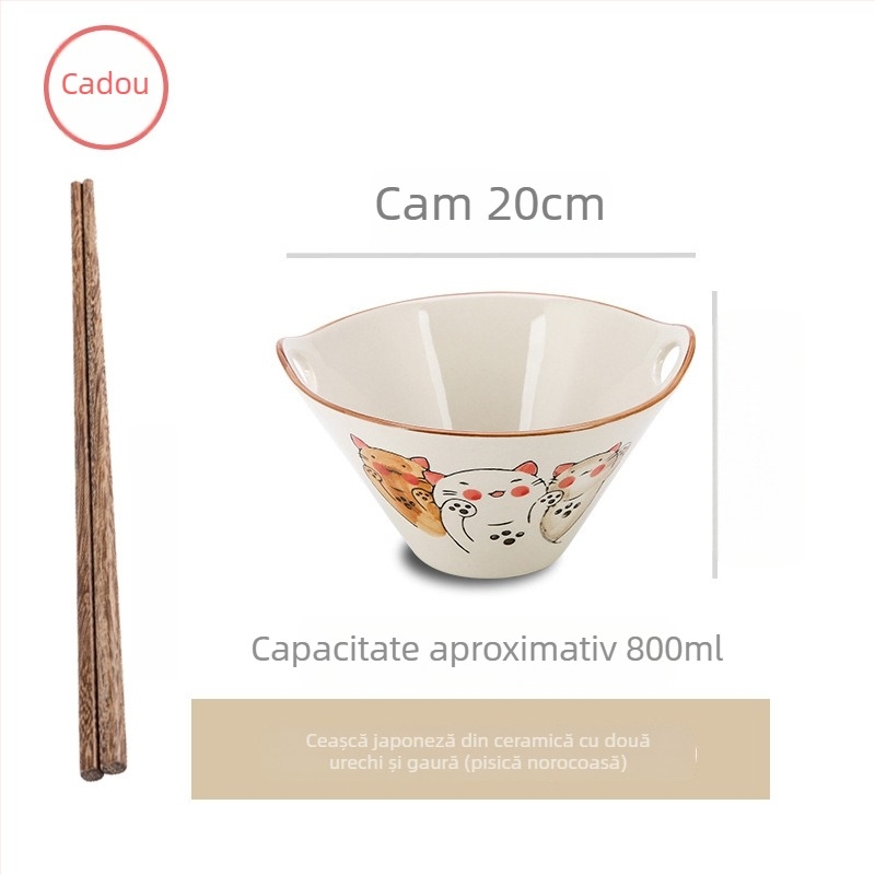 Vas de noodle din porțelan, stil japonez, cu mânere duble, formă neregulată, finisaj sub glazură, compatibil cu microunde