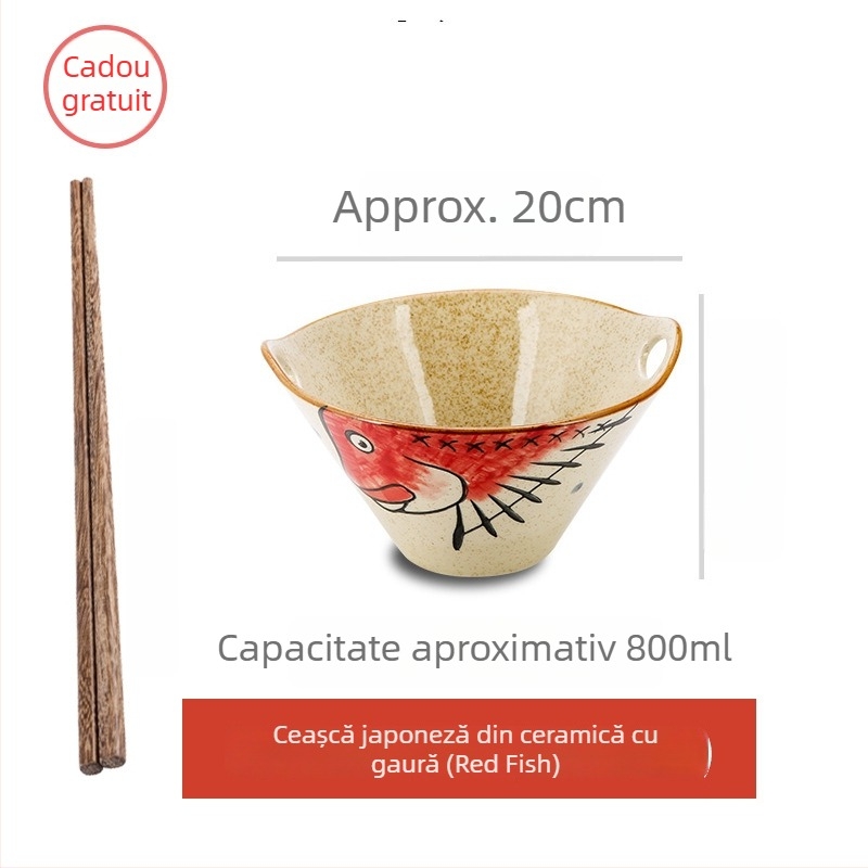 Vas de noodle din porțelan, stil japonez, cu mânere duble, formă neregulată, finisaj sub glazură, compatibil cu microunde