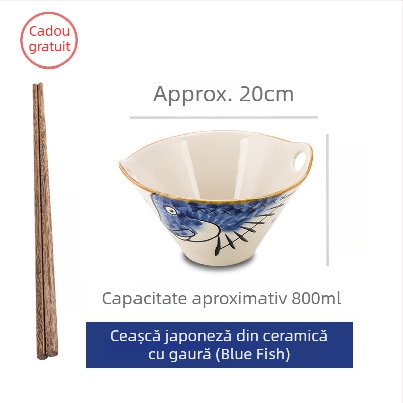 Vas de noodle din porțelan, stil japonez, cu mânere duble, formă neregulată, finisaj sub glazură, compatibil cu microunde