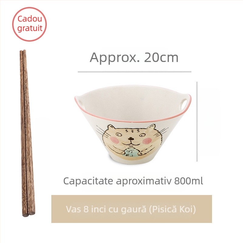 Vas de noodle din porțelan, stil japonez, cu mânere duble, formă neregulată, finisaj sub glazură, compatibil cu microunde