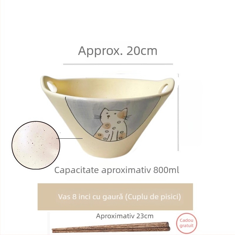 Vas de noodle din porțelan, stil japonez, cu mânere duble, formă neregulată, finisaj sub glazură, compatibil cu microunde