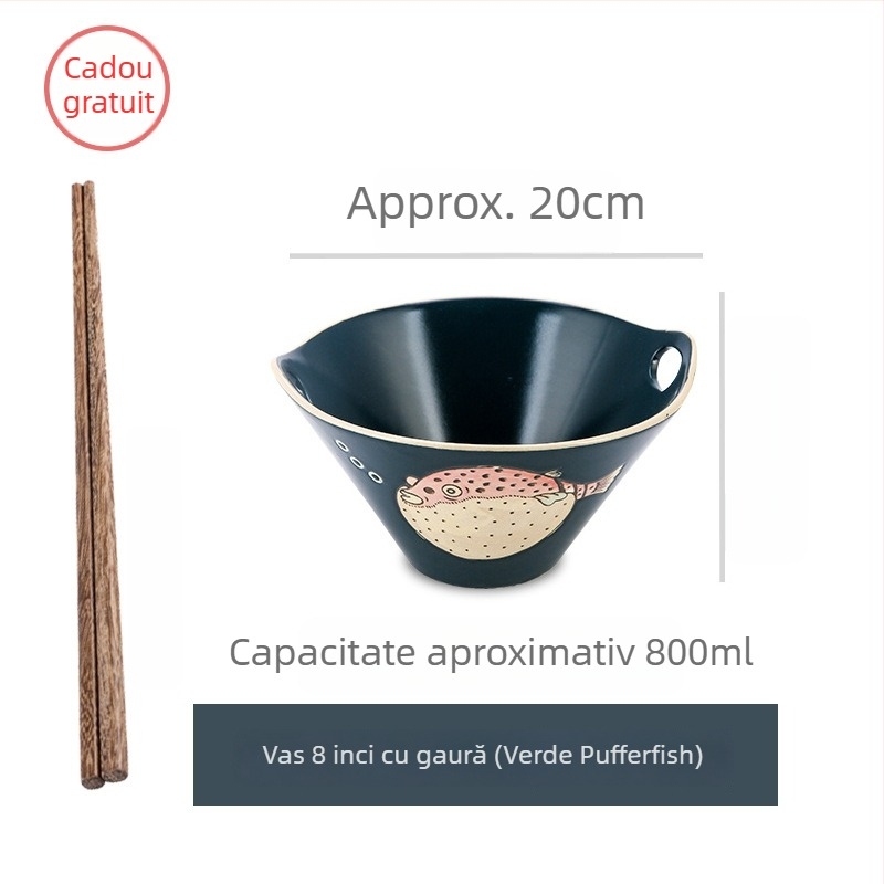 Vas de noodle din porțelan, stil japonez, cu mânere duble, formă neregulată, finisaj sub glazură, compatibil cu microunde