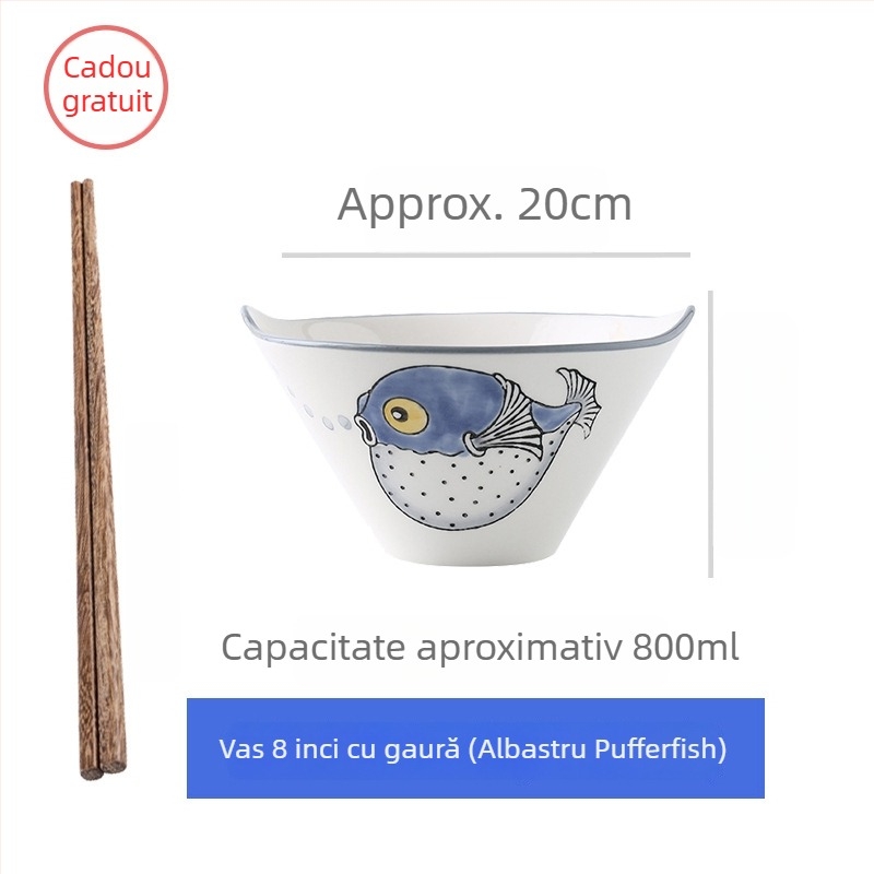 Vas de noodle din porțelan, stil japonez, cu mânere duble, formă neregulată, finisaj sub glazură, compatibil cu microunde