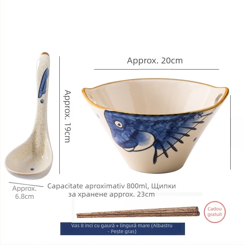 Vas de noodle din porțelan, stil japonez, cu mânere duble, formă neregulată, finisaj sub glazură, compatibil cu microunde