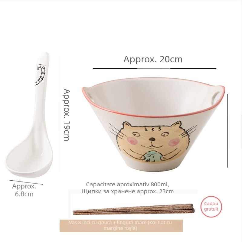Vas de noodle din porțelan, stil japonez, cu mânere duble, formă neregulată, finisaj sub glazură, compatibil cu microunde